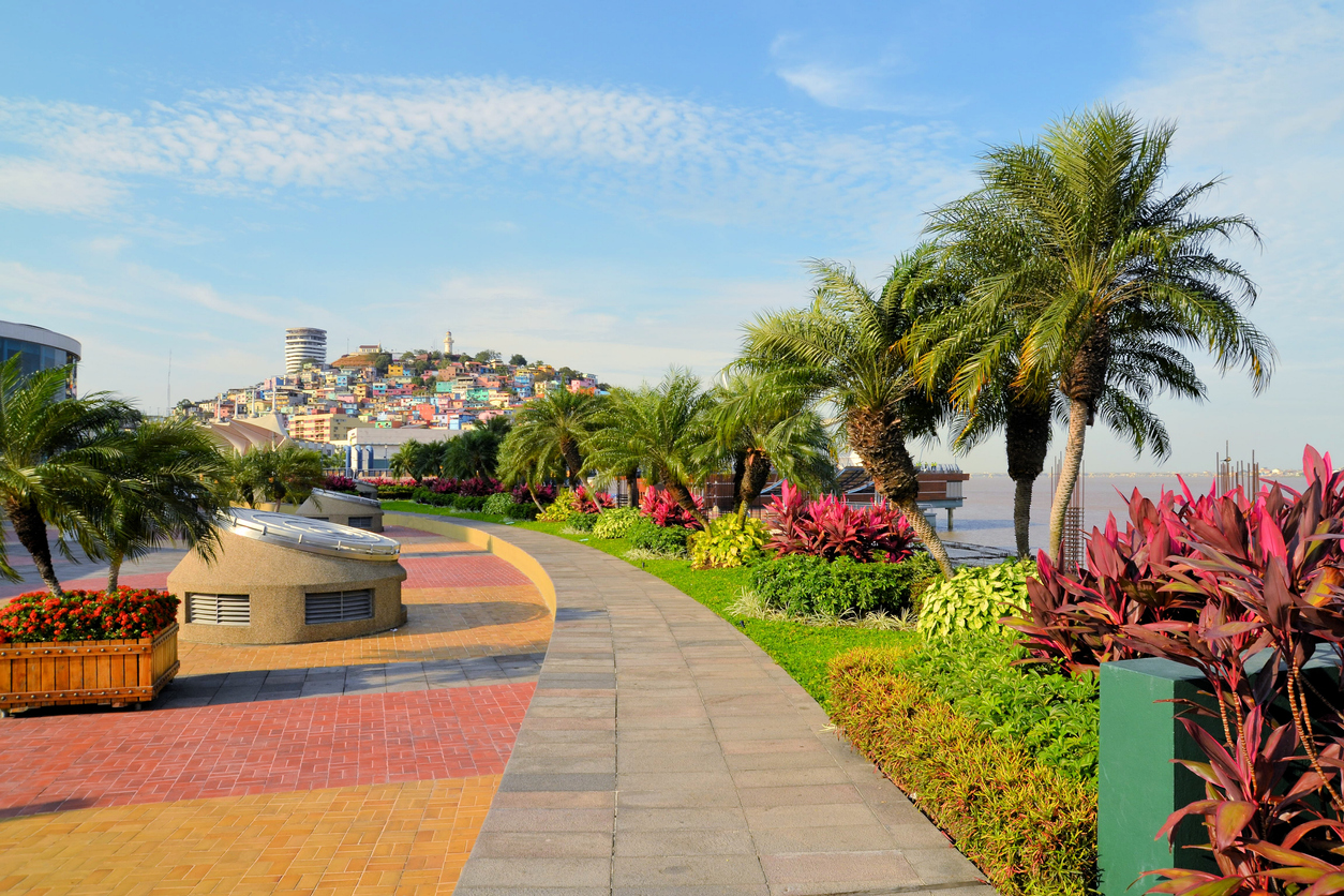 Seaside Malecon 2000 walkway with Santa Ana Hill, Ecuador