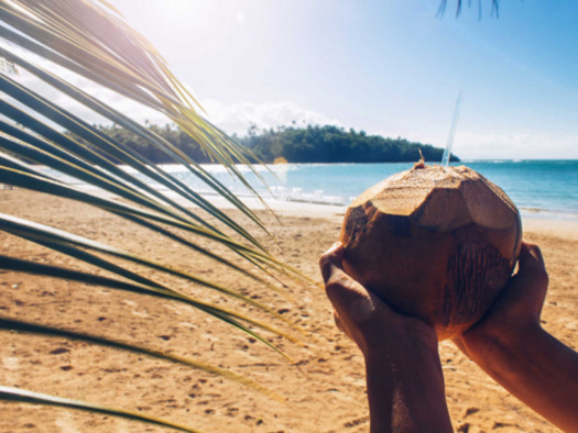 Woman holding coconut cocktail in tropical beach with her hands