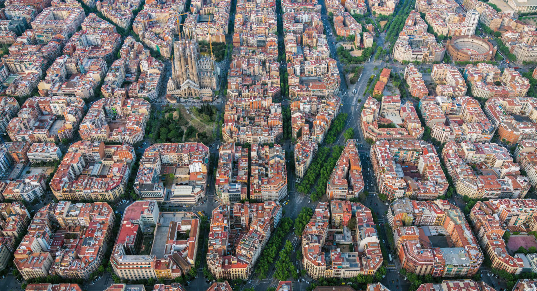 Aerial view of Barcelona cityscape from helicopter