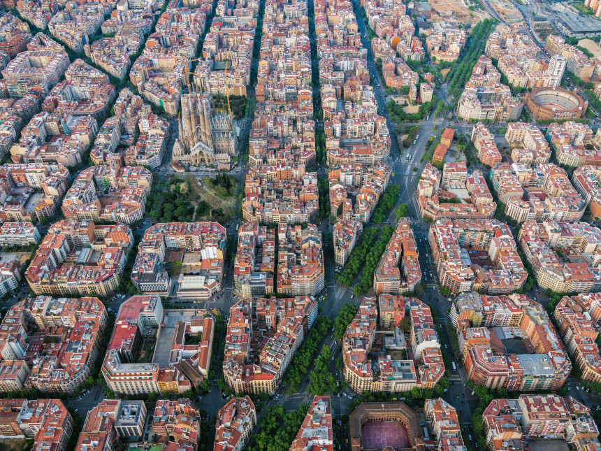 Aerial view of Barcelona cityscape from helicopter