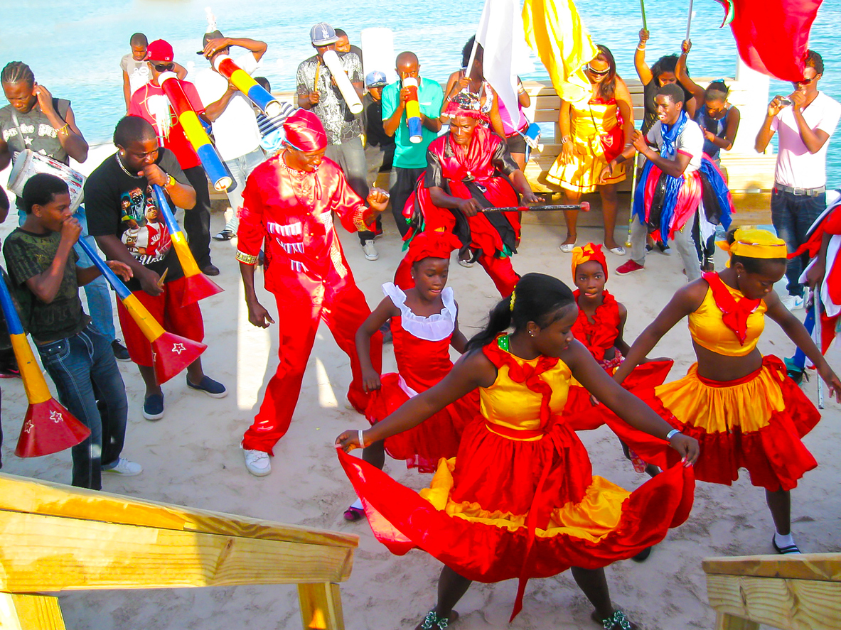 Boca Chica, Dominican Republic - February 12, 2013: Resident people celebrate Caribbean Carnival on the Beach