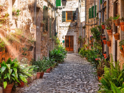 Valldemossa plant street alley with sun flare during summer