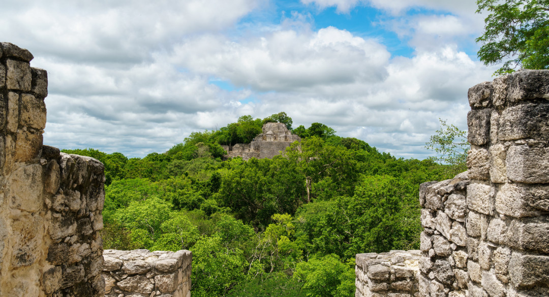 Calakmul ruins above the trees viewed through stone walls. In the Yucatan peninsula.