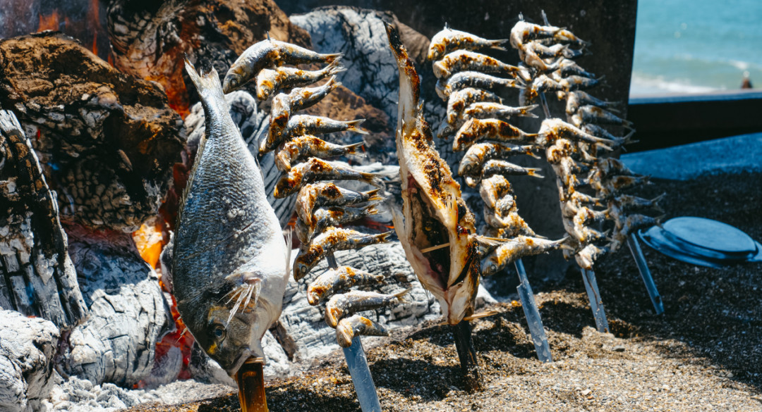 closeup of different espetos, skewers where fish is skewered, being cooked in a wood fire as its traditional in La Malagueta beach, in Malaga, Spain